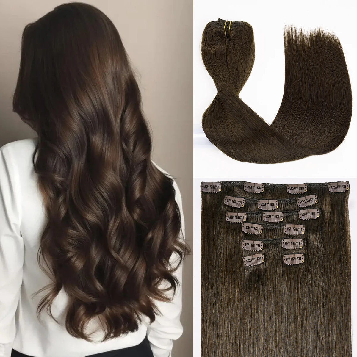 

2 темно-коричневых заколки для наращивания волос, настоящие человеческие волосы, натуральные волосы Remy Virgin, чистые божественные заколки, поставка качества в салоне, 85-120 г