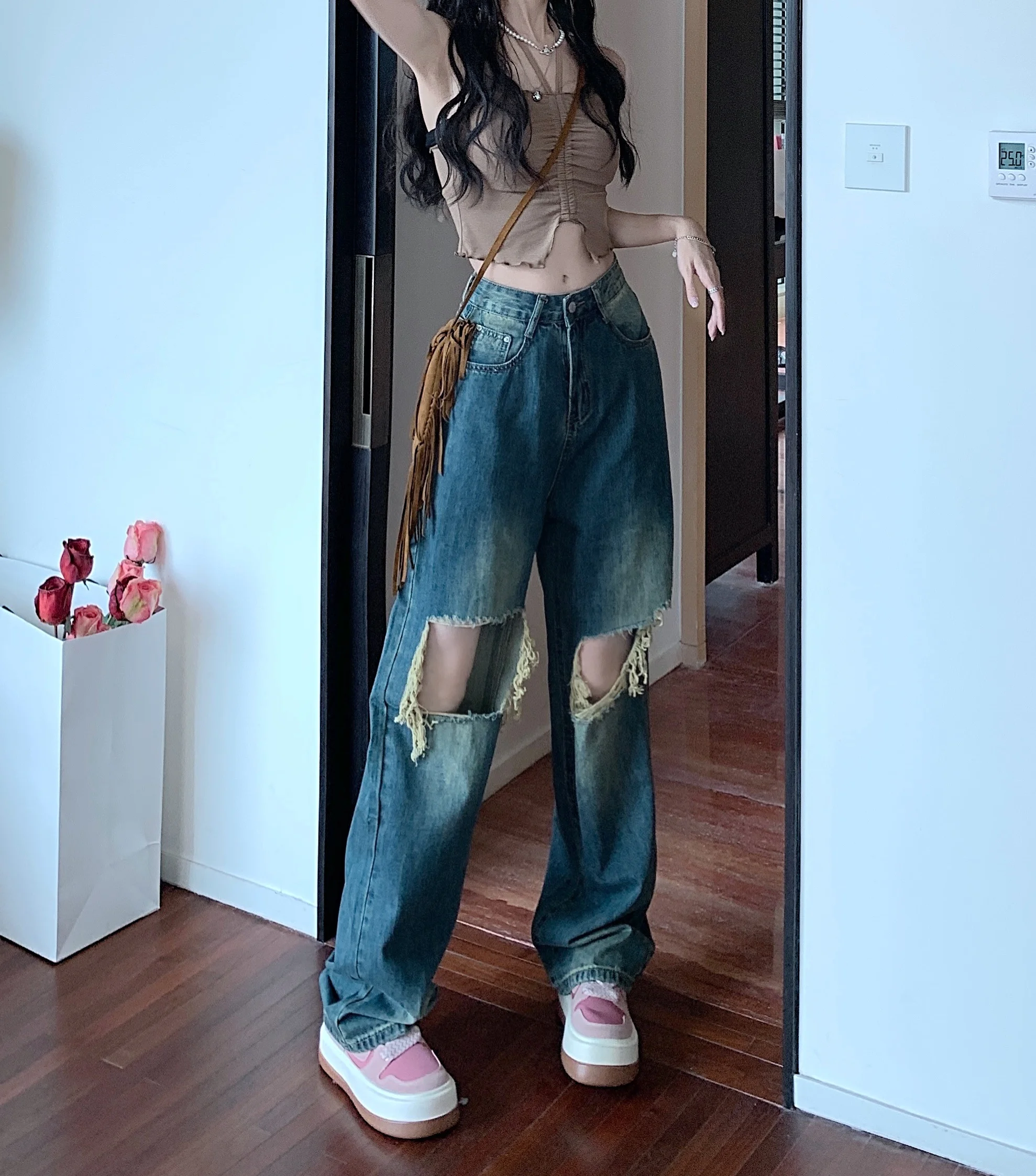 High Street Blue Hole Jeans High Waist Pants Women's Summer Loose Casual Straight Leg Wide Leg Pants Draping Feeling Made Old