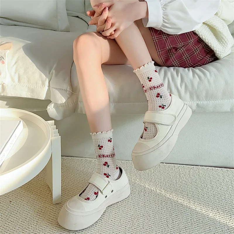 Summer Cherry Print Socks Female Thin Mesh Socks Students Girls Cute Kawaii Harajuku Socks For Girls Gift Streetwear Ruffle Soks