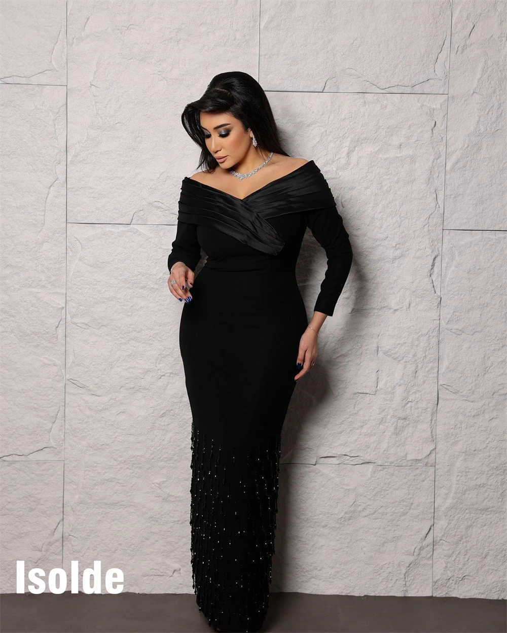 Aangepaste zeemeermin moderne zwarte jersey avondjurk Prachtige off-shoulder lange mouwen Celebrity-jurken Luxe feestjurken