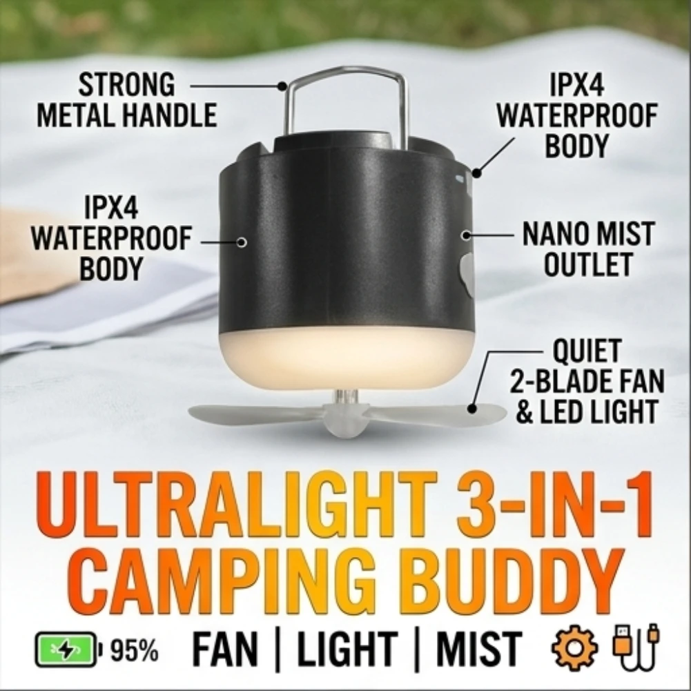 

3 in 1 Outdoor Camping Fan with Nano Mist Spray LED Lantern USB Rechargeable IPX4 Waterproof Portable Hanging Fan for Tent