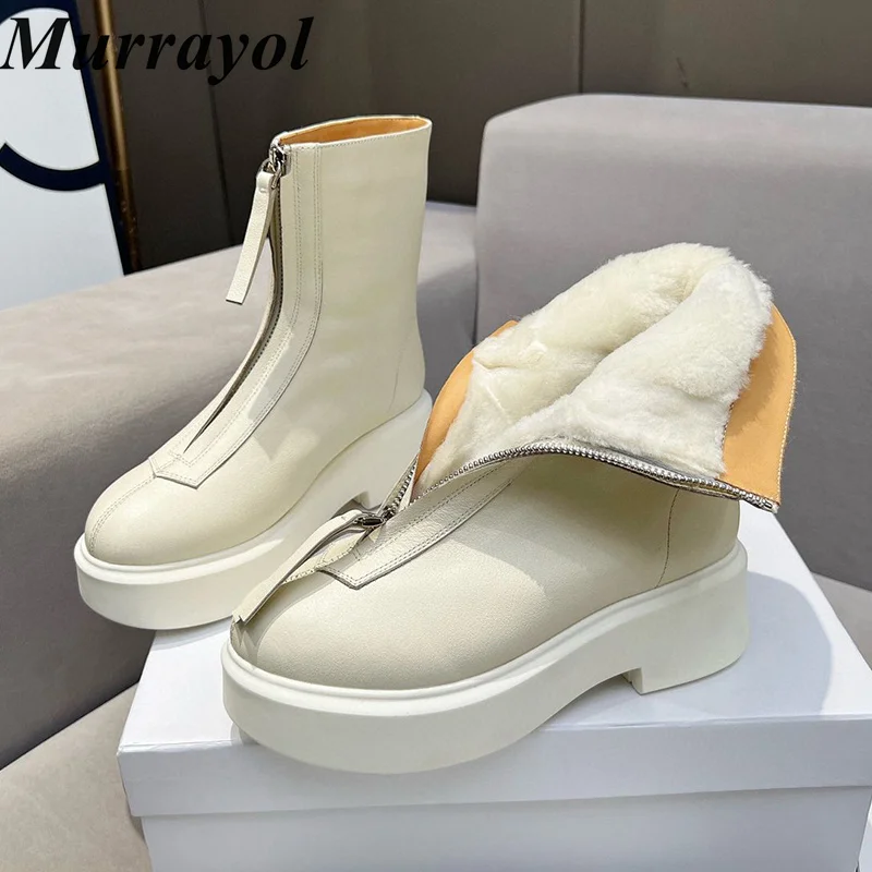 

Winter Thick Soled Genuine Leather Snow Boots Women's Round Toe Zipper Design Short Boots Wool Lining Keep Warm Ankles Botas