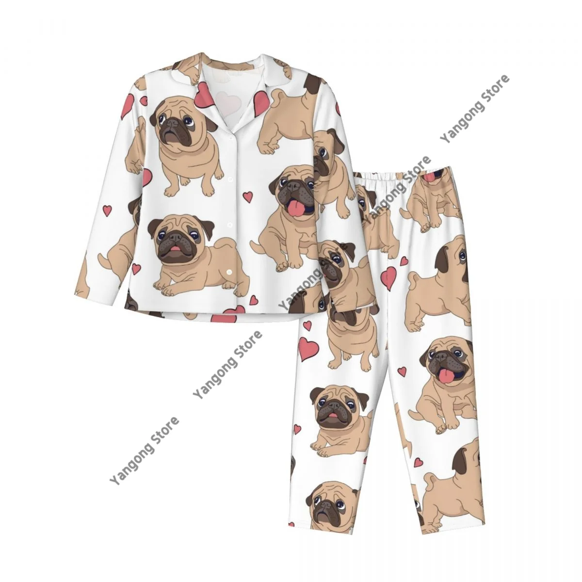 Funny Cartoon Pugs Puppies Dogs Womens Pajamas Loungewear Two-piece Sleepwear Button-Down Full Sleeve Long Pajamas Set