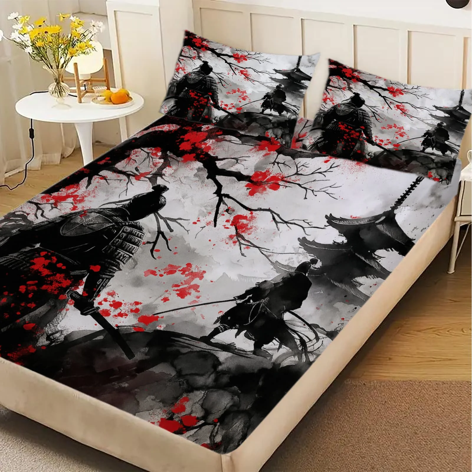 1pc Samurai Battle with Cherry Print Fitted Sheet Deep Pocket Elastic Mattress Cover Single Double Queen King Bedroom Decor