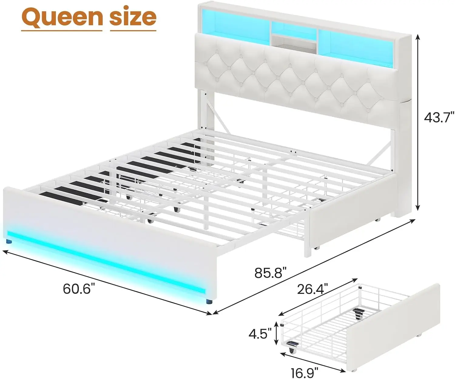 Queen Bed Frame with Bookcase Headboard,LED Bed Frame with 4 Storage Drawers,Power Outlet, Customized