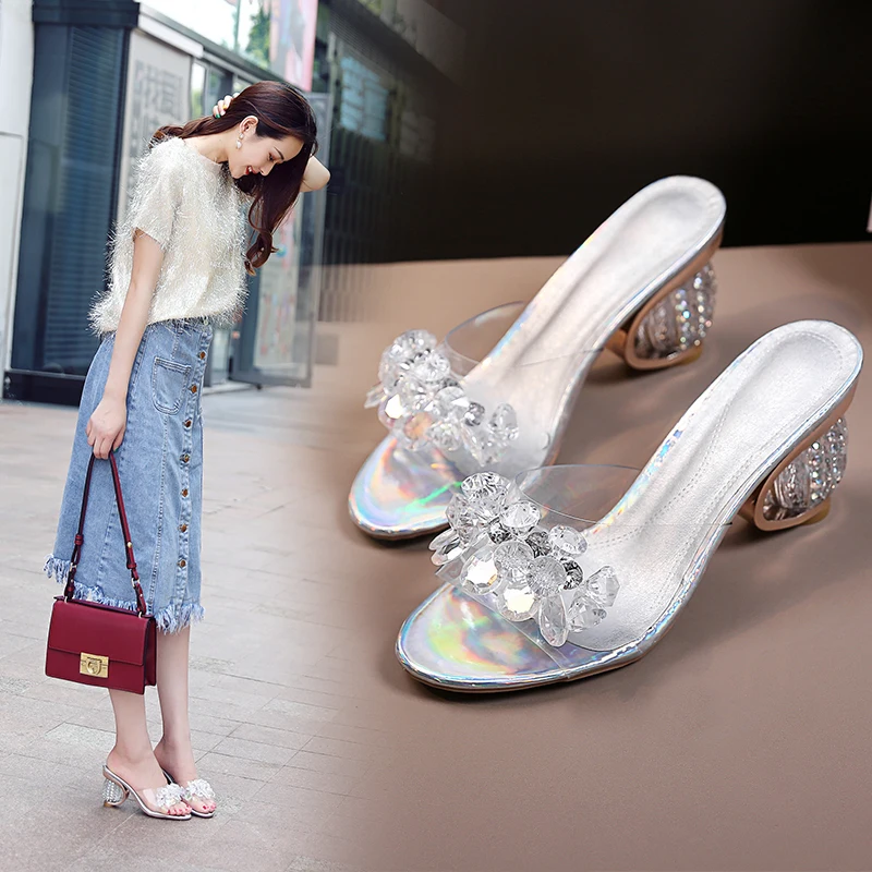 VKJF 2023 New PVC Jelly Sandals Women Crystal Peep Toe High Heels shoes Crystal Transparent Heel Sandals Slippers Pumps