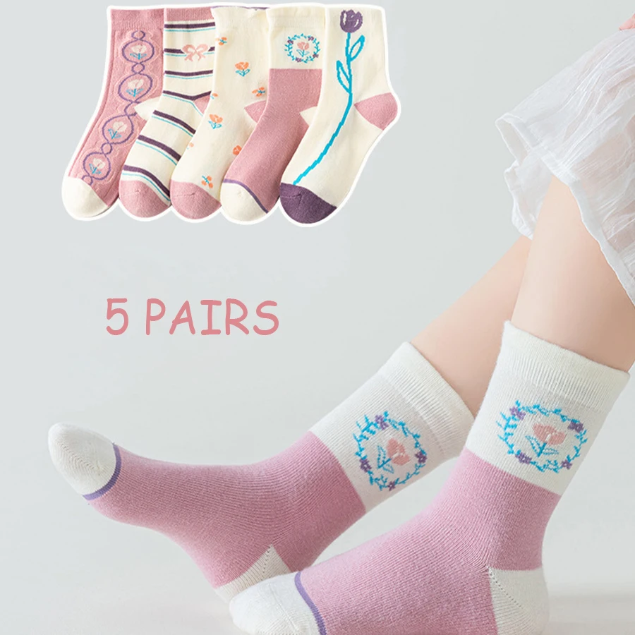 5 paia/lotto autunno inverno nuovi calzini per bambini coreano ins Style Purple Flower calzini per bambini All-match Casual ragazzi e ragazze calzini
