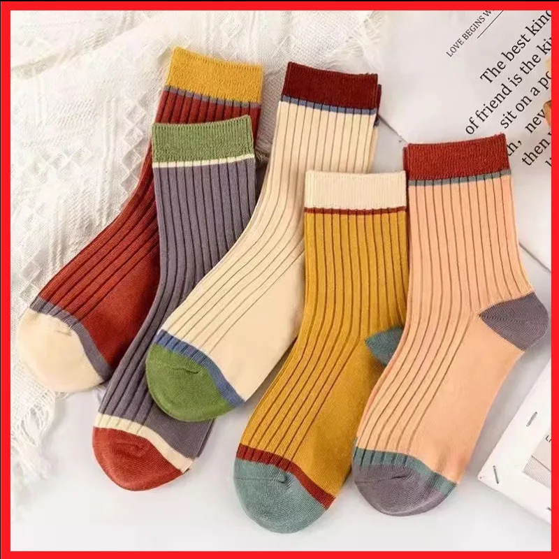 

5 Pairs Multi-Color Fall Winter Women's Striped Mid-Calf Socks Ladies Patchwork Korean Style Warm Socks Fashion Grip Socks 2025