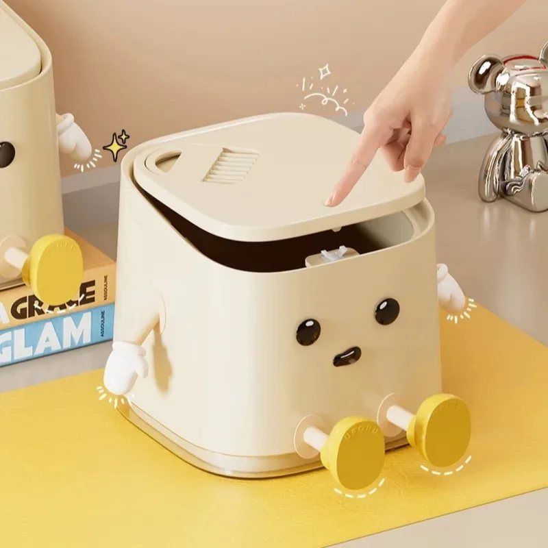 Desktop Mini Trash Can Press To Open The Cover Plastic Trash Can Household Living Room Bedroom Rubbish Storage Bucket