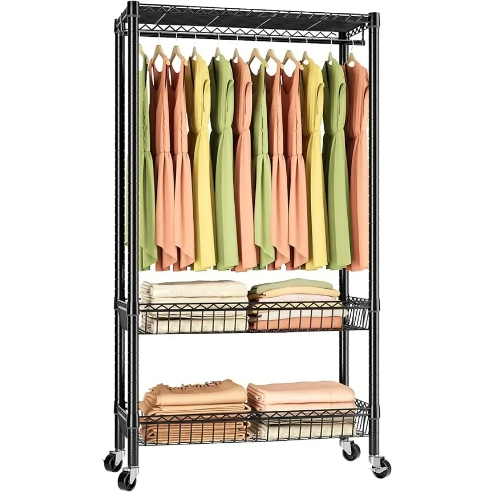 

Rolling Clothes Rack Portable Clothing Racks for Hanging Clothes, Duty Adjustable Wire Garment Rack with Basket & Hanger Rod