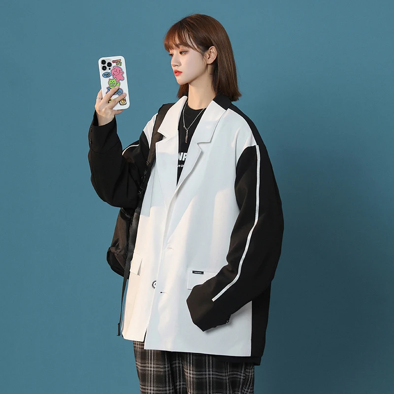 

Casual Men's Suit Jaet Spring Autumn Loose Couple Sle Patchwork Korean Version Comfortable Single-breasted Coat