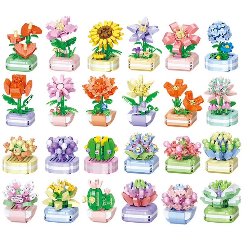 Blumenstrauß, Pflaumenblüte, Pfirsichblüte, Narzisse, Bonsai, Topfpflanze, Mikrobausteine, Modell, Heimdekoration, Spielzeug für Kinder