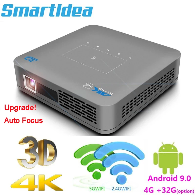 Smartldea Auto Focus DLP 4K 3D Projector Android9.0 4G 32G high brightness Beamer Zoom 5G Wifi BT airplay video game Proyector