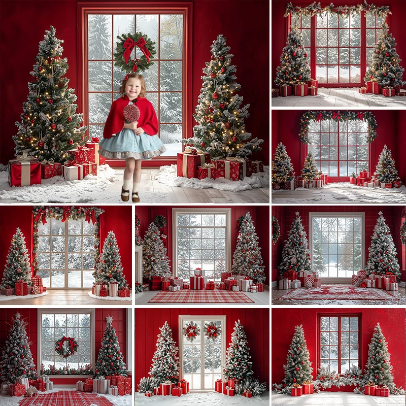 

LS Photography Background Winter Red Christmas Window Xmas Tree Children Family Portrait Decor Backdrop Photo Studio