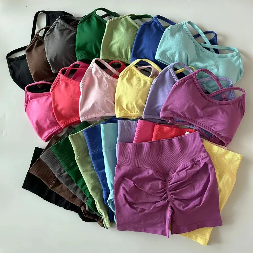 

2 Pieces Dynamic Gym Set Women Workout Clothes Scrunch Shorts Set Backless Sports Bra Fitness Top Sportswear Yoga Set Outfits