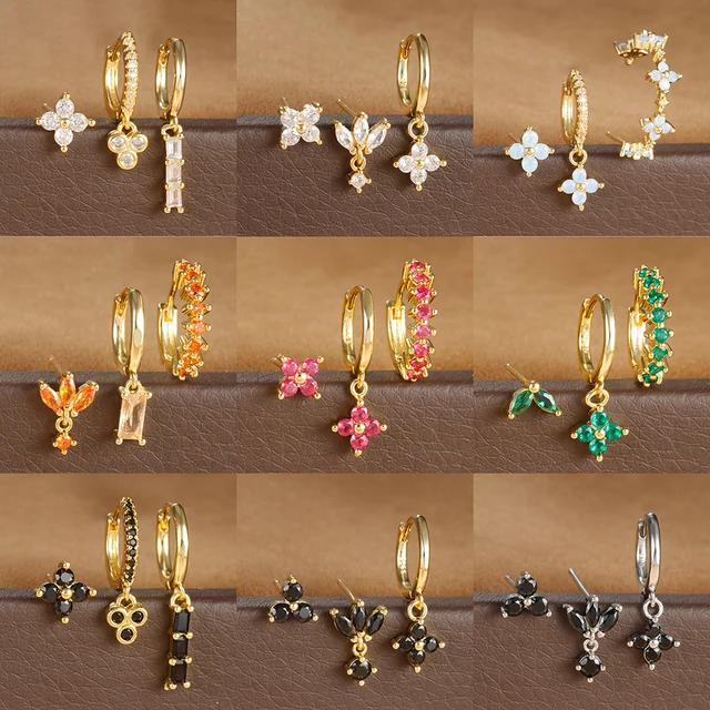 3 szt. Wielokolorowy kryształowy zestaw kolczyków koła ze stali nierdzewnej dla kobiet cyrkon 18K pozłacany wisiorek Huggie Piercing biżuteria