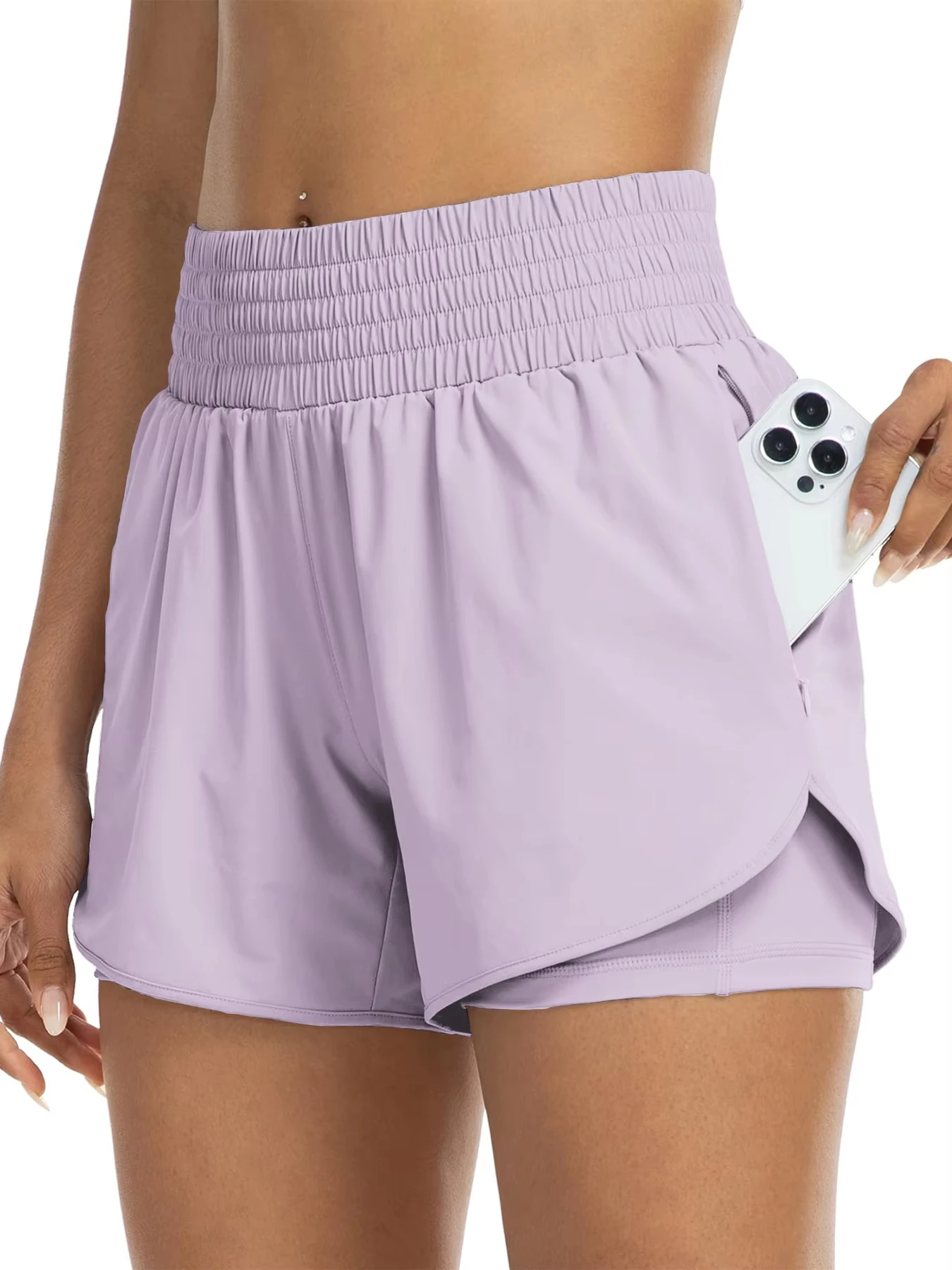 Women's High-Waisted Athletic Shorts With Pockets For Running, Yoga, Layered design, Anti-exposure, Fitness, And Workout