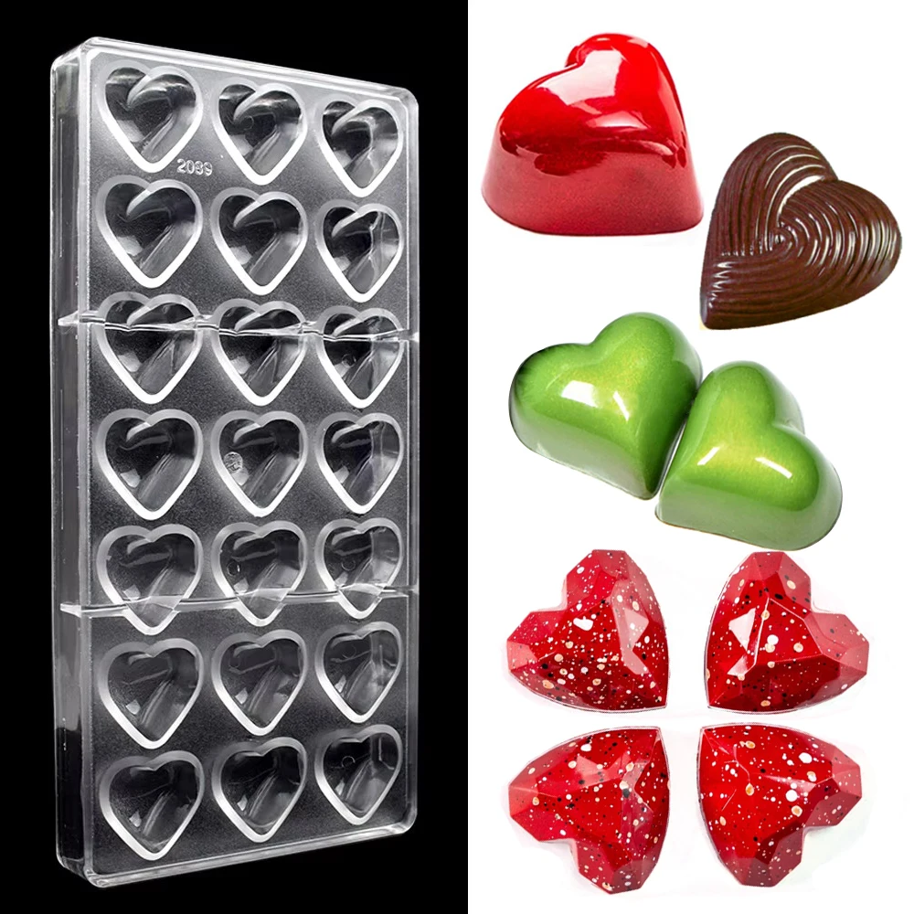 Molde de policarbonato para chocolate con forma de corazón, molde para dulces y bombones para panaderos, confitería, utensilios de repostería para hornear