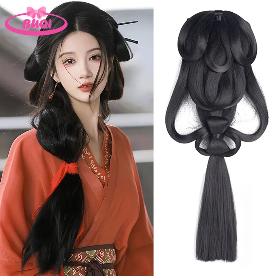 BUQI Chinese Ancient Wig Women Hanfu Wigs Nakrycie głowy Fotografia Taniec Akcesoria Peruki Czarne Dla Kobiet Zintegrowany kok Włosów Wysoki te