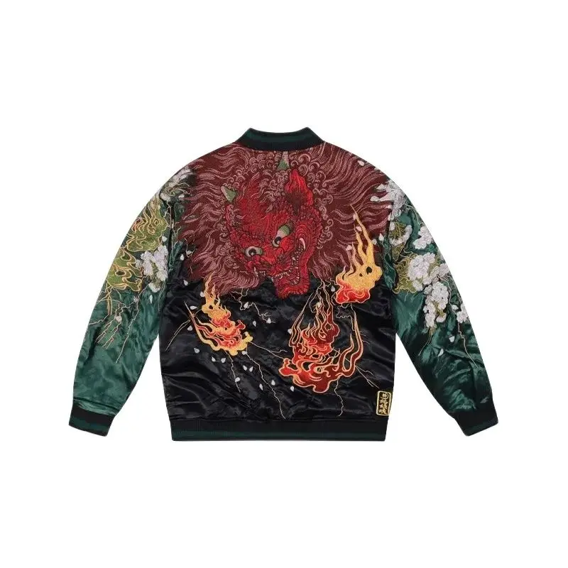 Green Black Men Boys Reversible double-sided High Street Streetwear Vintage Sakura Fire Embroidered Sukajan Souvenir Jacket