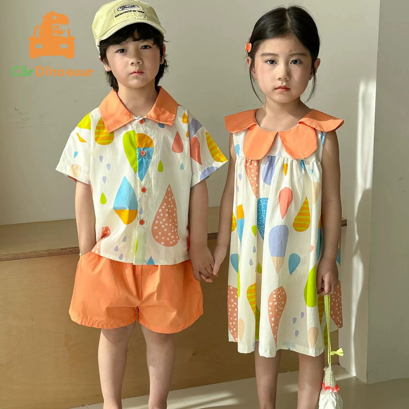 

2026 Summer New 1-12 Years Children Kids Brother Sister Clothes Cotton Colorful Print Girl Dress Boy Shirt + Shorts 2 Pieces Set