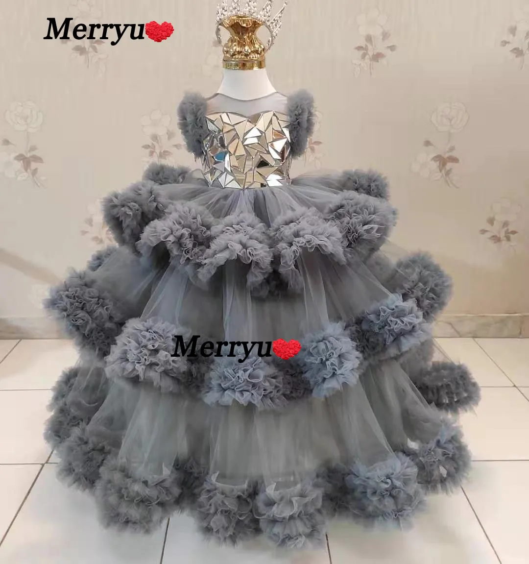 Vestidos de flores con cuentas de lujo para niña, vestido de primera comunión con volantes, bonito vestido de fiesta para bebé, vestido de baile para desfile