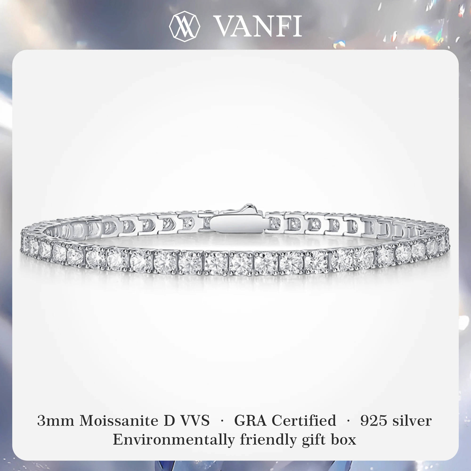 

Kfvanfi 3mm silver 925 moissanite women's bracelet tennis chain hip hop men's bracelet plated with 18k white gold luxury jewelry