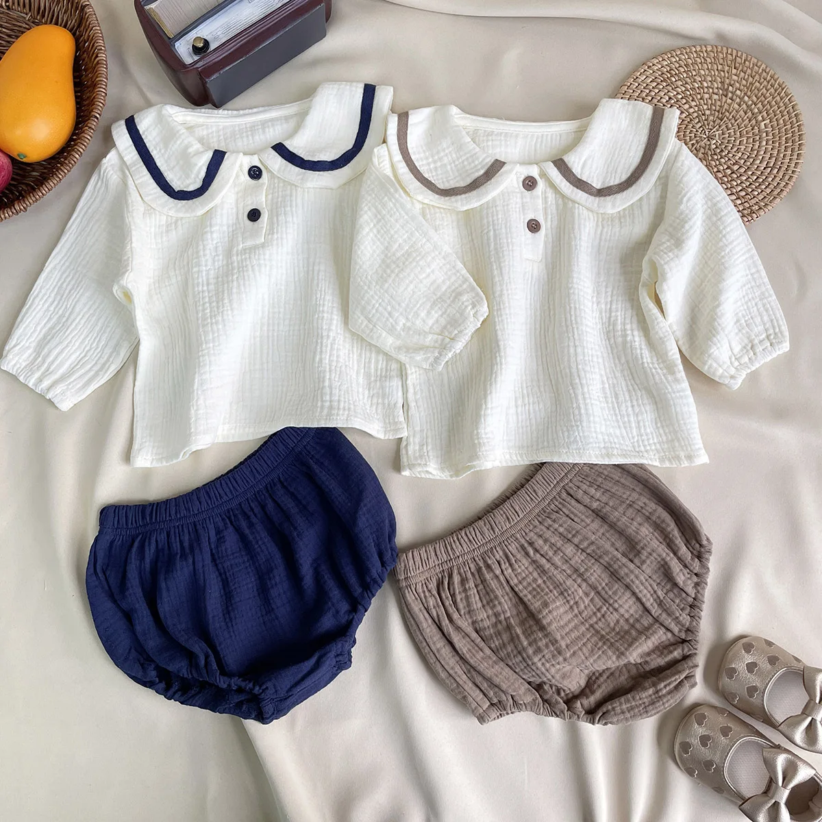 Newborn Baby Girls Boys Autumn Full Sleeve Navy Collar Top Tees Solid Bread Bottoms Infant Kids Pure Cotton Clothing Set 2pcs