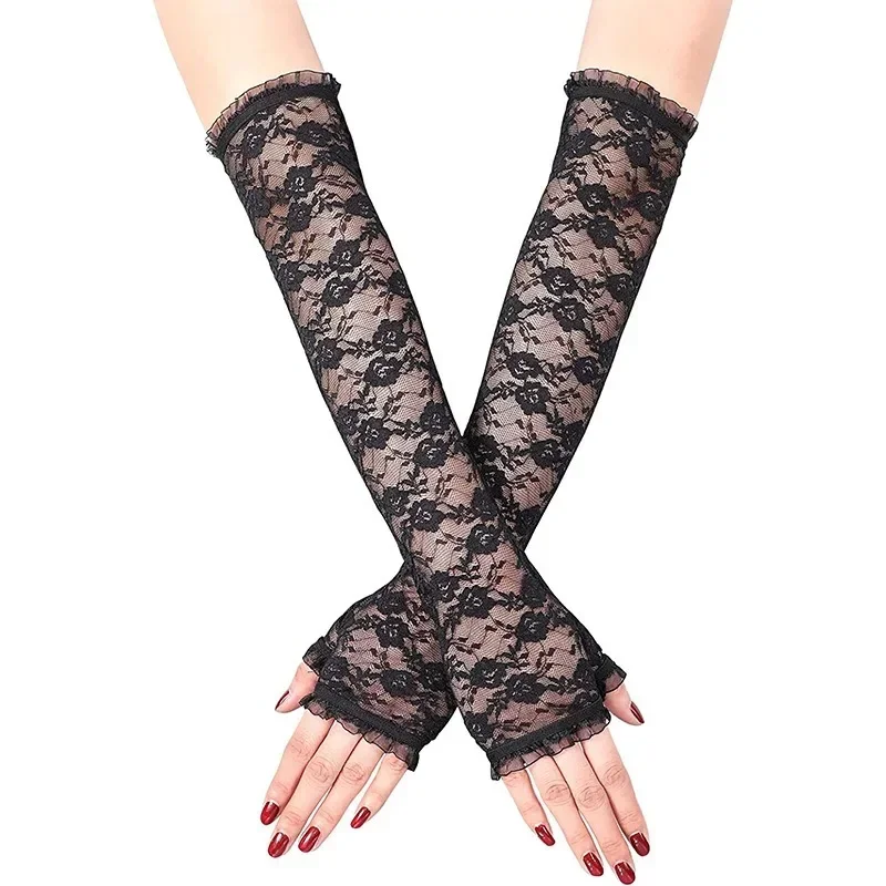 Vestire Accessori per abbigliamento da prestazione Guanti in pizzo Guanti mezze dita a braccio lungo Copertura per protezione solare Guanti sexy cosplay scuri