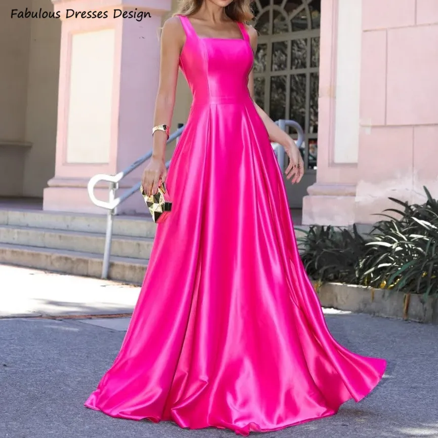 

Hot Pink Long A-line Prom Dresses Satin Women Square Collar Elegant Evening Dress Lace Up Backless Wedding Guest Gown