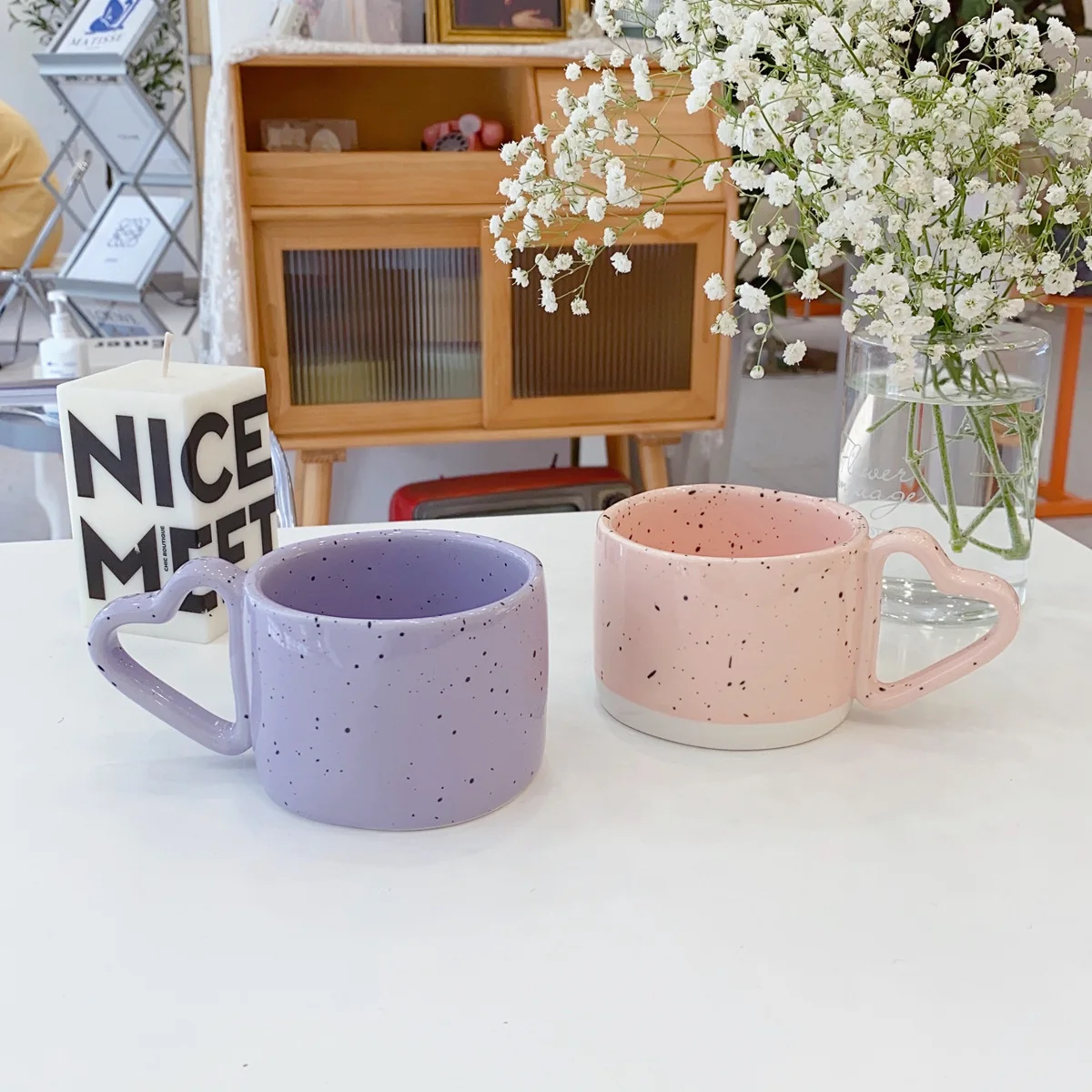 Mug Korean Heart Handle Splash Ink Ceramic Mug High Appearance Level Macaron Color Water Cup Creative Couple Cup Christmas