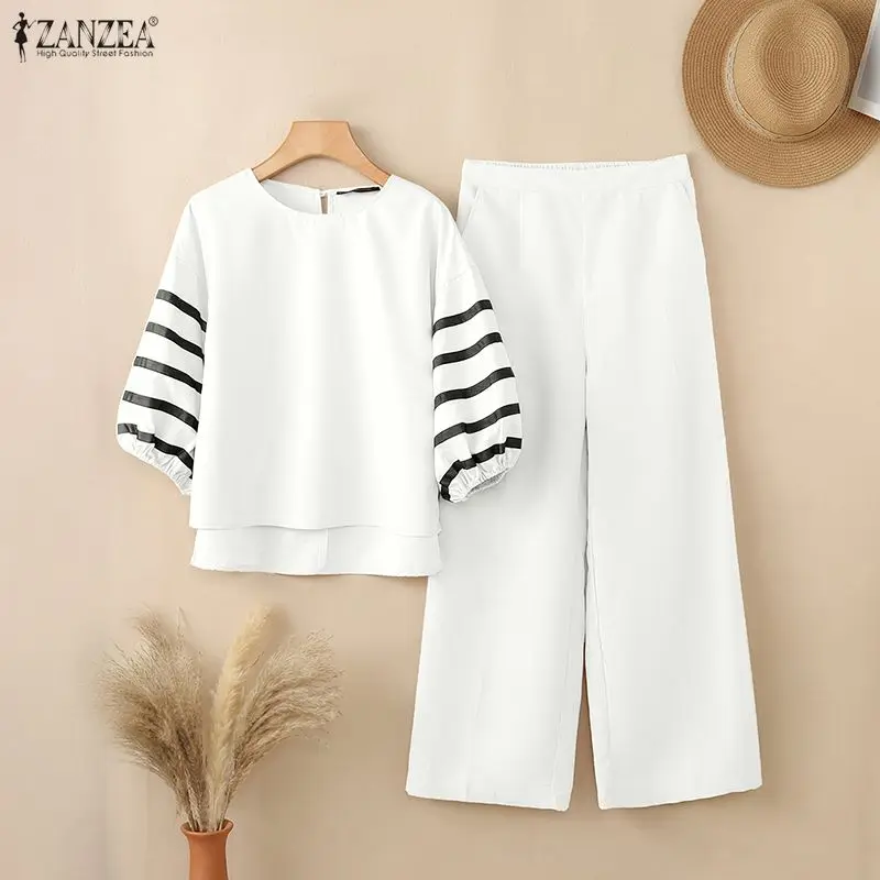 ZANZEA 2026 Summer Outfits Fashion Women 2 Piece Sets O Neck 3/4 Lantern Sleeve Blouse Wide Leg Pant Sets Striped Work Tracksuit