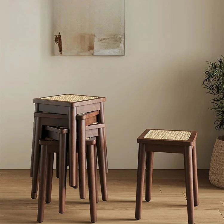 Solid wood rattan stool medium antique retro home stackable log square restaurant spare makeup dressing stool