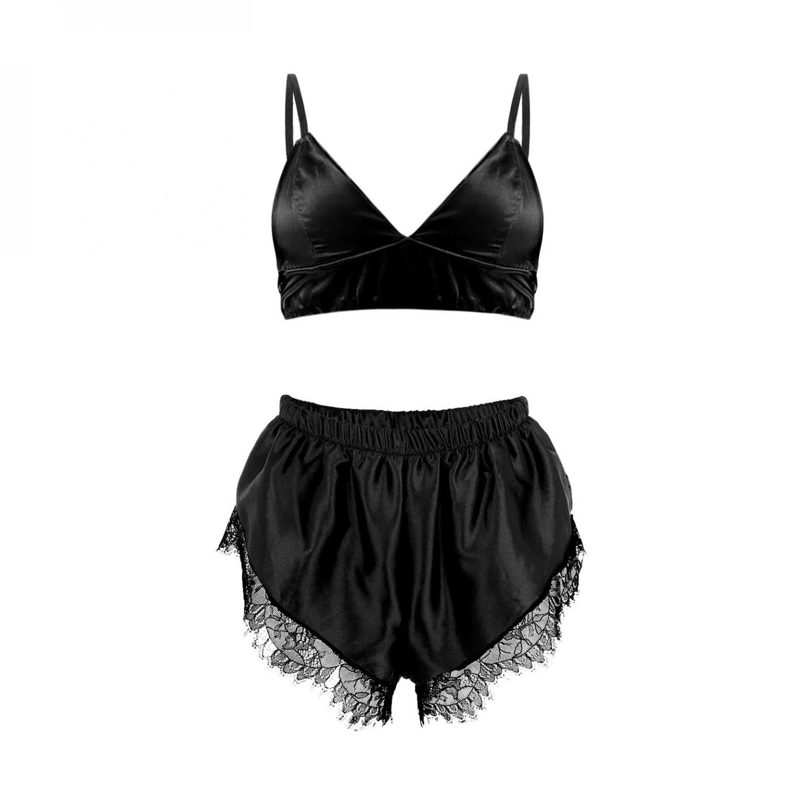 

Fashion Women Pajamas Set Tube Chest Wrap Satin Sleepwear Underwear Black Green Strap Tank Sexy Lingerie Crop Summer Sleeveless