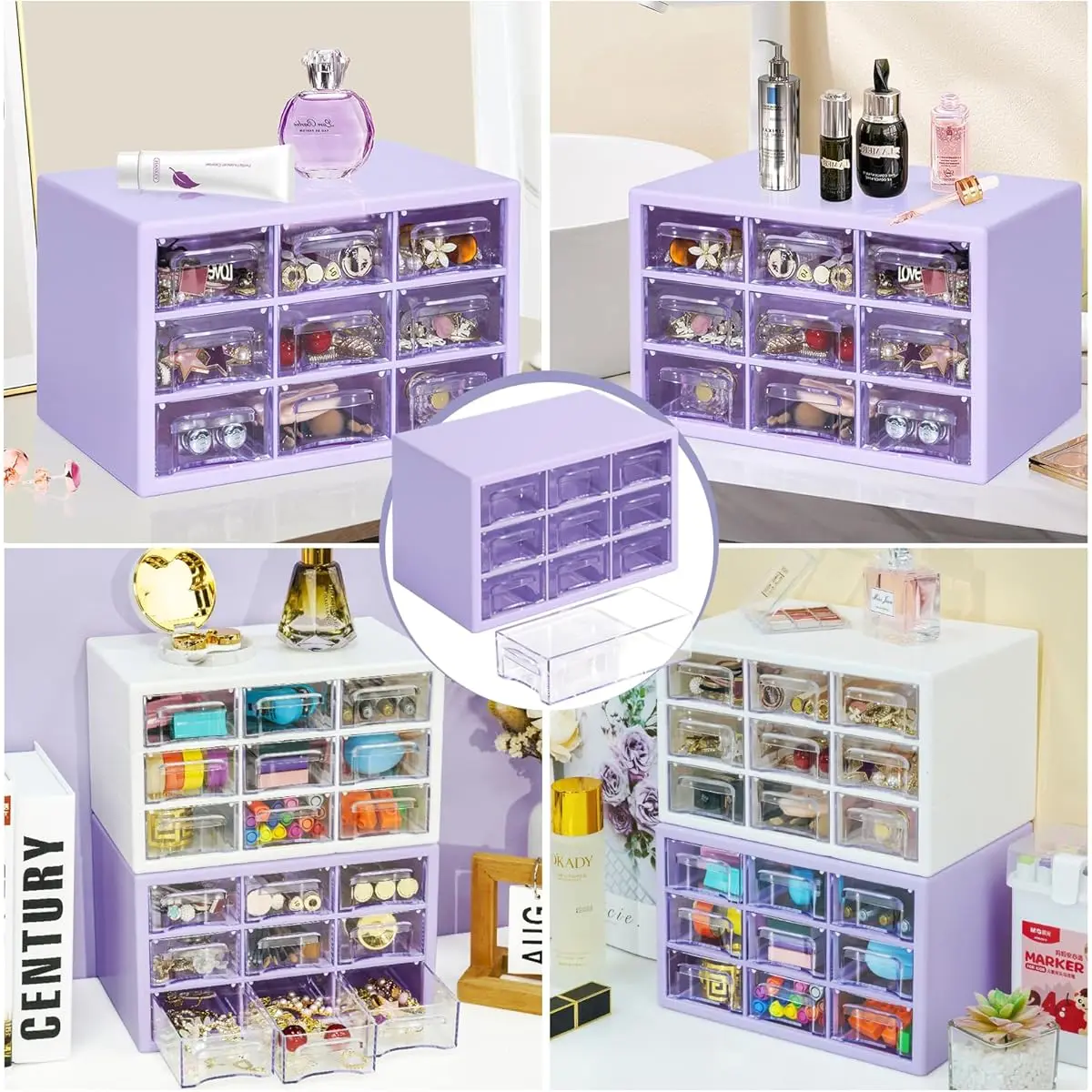 9 Drawer Purple Lid Transparent Heavy-Duty Plastic Storage Cabinet | Smooth Drawers + Stackable Vertical Design, Ideal for Home