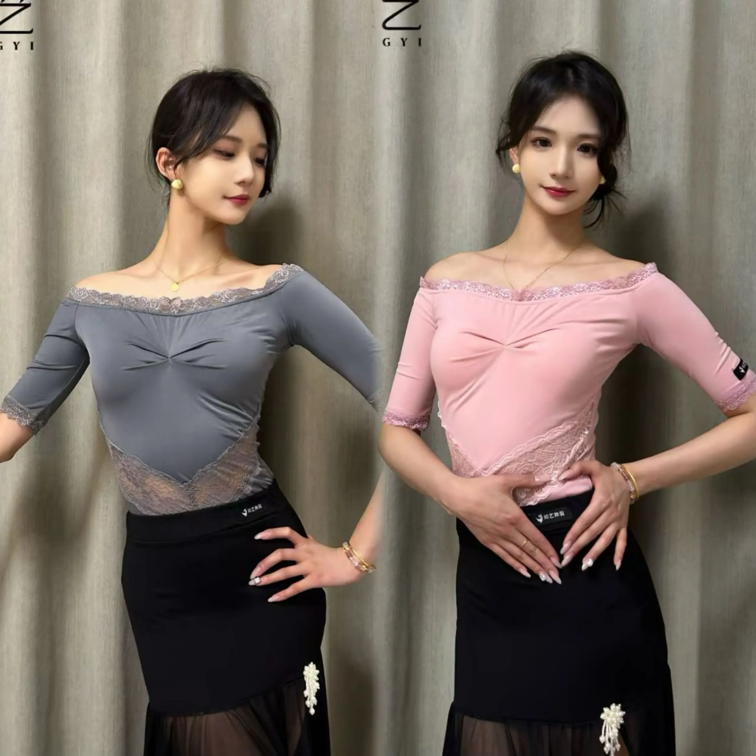 

2025 Women Ballroom Dance Tops Boat Neck Lace Short Sleeve Practice Clothes Samba Chacha Latin Dance Practice Stage Wear DN20606