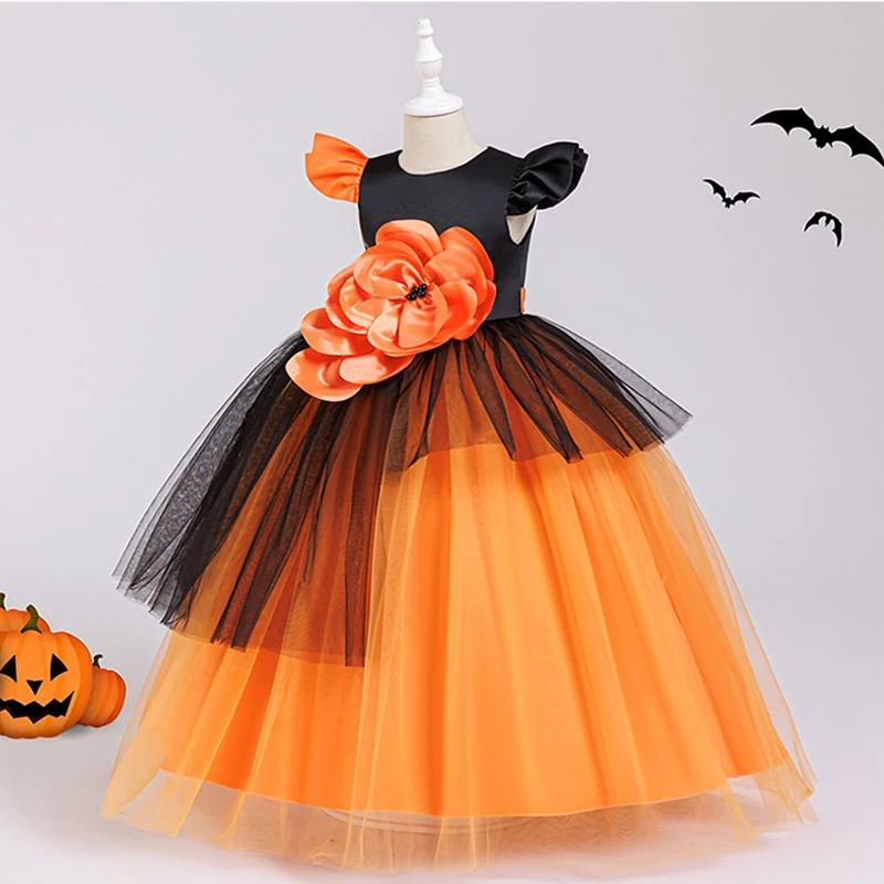 Halloween Cosplay Costume Children Pumpkin Witch Outfits Teen Girl Clothes Evening Dress Birthday Elegant Girls Party Dresses