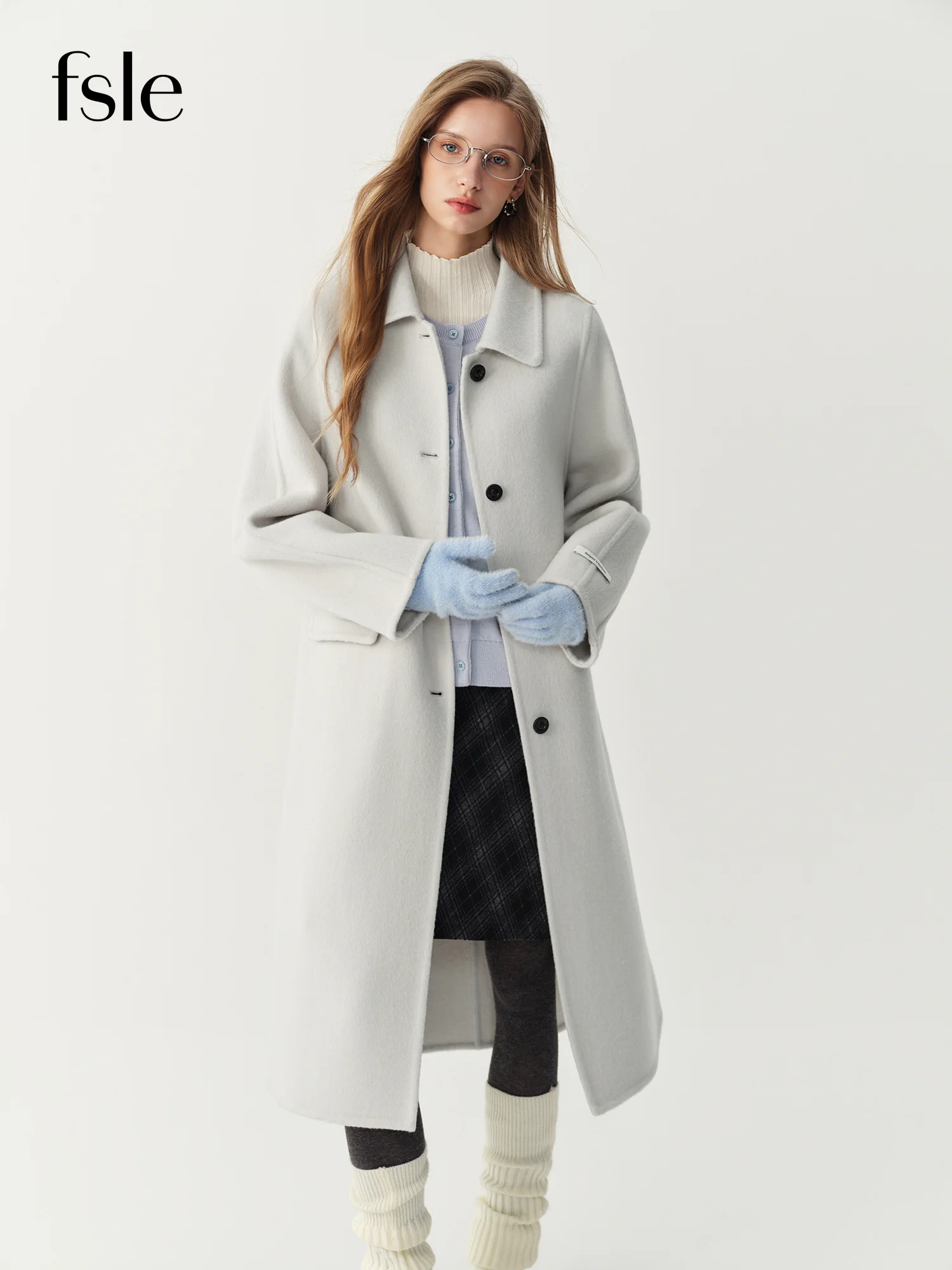 FSLE Women's Winter Long Wool Coat Straight Shoulder Lapel and Single-Breasted Buttons 2026 New Style Warm