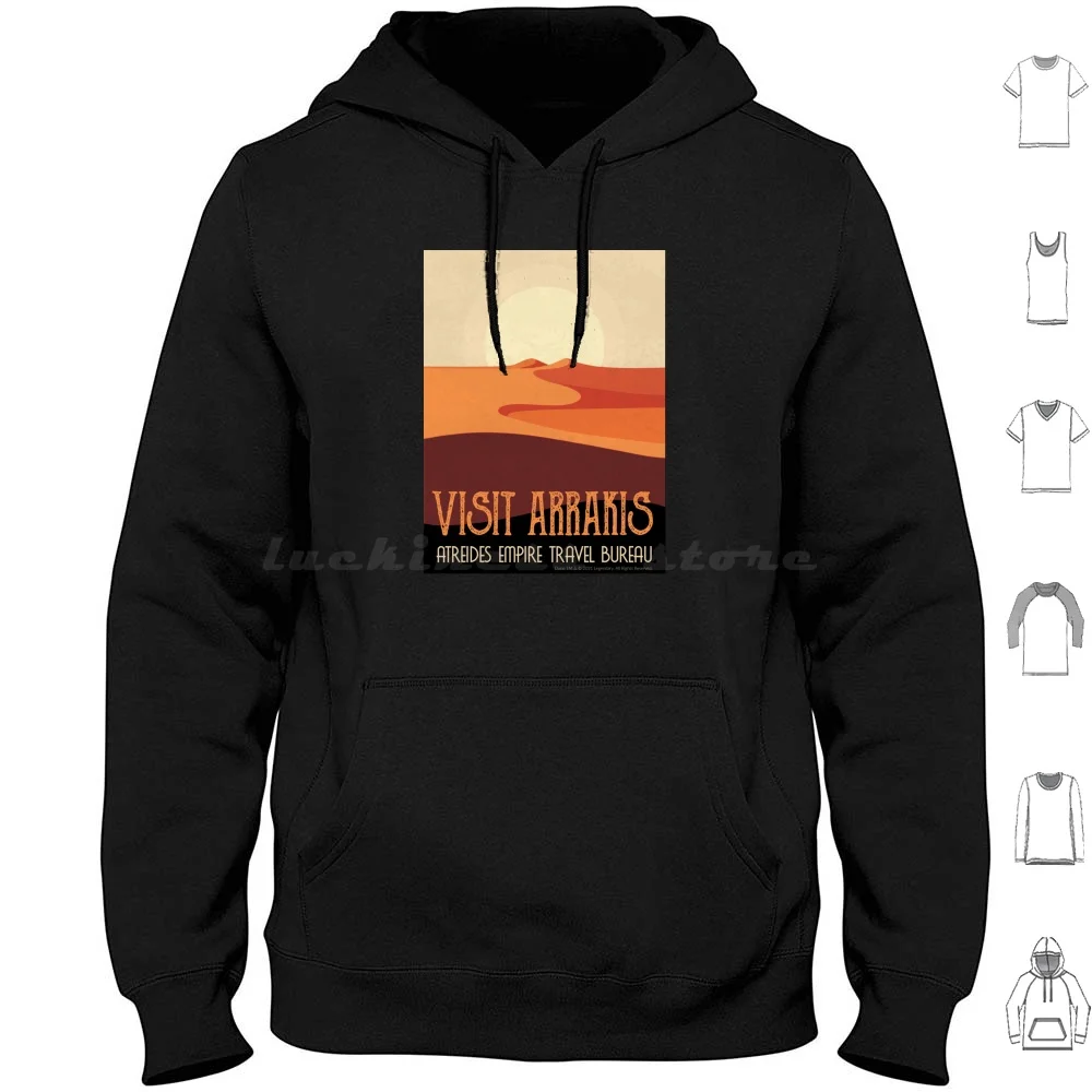 Visit Arrakis-Vintage Sci-Fi Travel Hoodies Long Sleeve Retro Sandworm Movie Arrakis Sci Fi Muaddib Atreides Frank