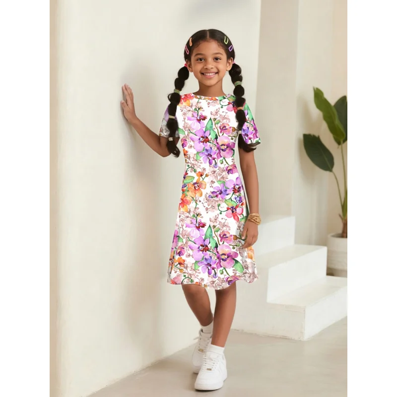 

Toddler Girls Floral Print Short Sleeve Dress - Cute Boho Casual Midi Dress for Kids