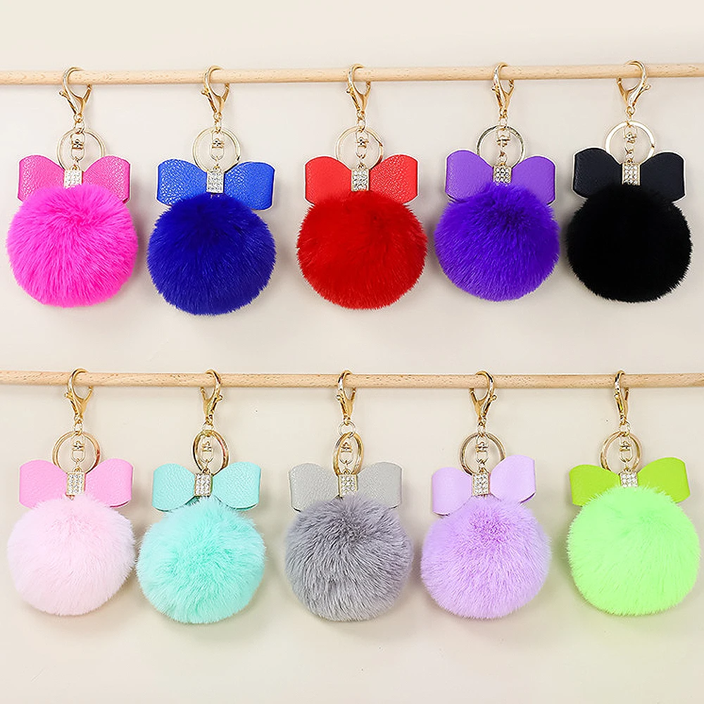 8cm Fake Fox Rabbit Keychain Pompom Bowknot Keyring Rhinestone Keyholder Women Bag Accessories Soft Plush Charm image 4