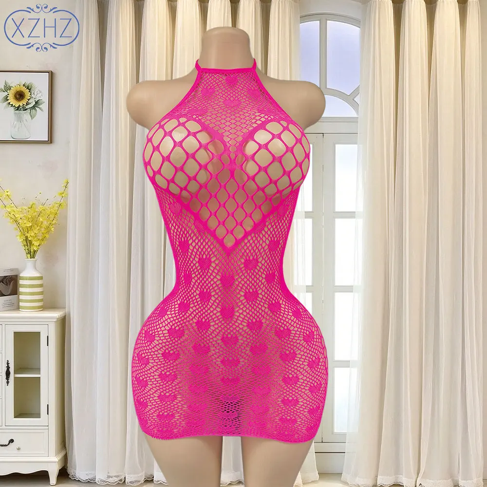 Hot Pink Women's Halter Heart Pattern Fishnet Mini Dress, Hollow Out See Through High Stretch Bodycon Nightwear