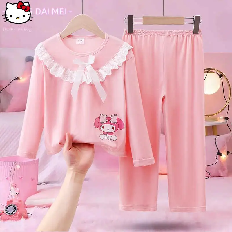 

2Pcs Anime Kuromi Melody Spring Autumn Long Sleeved Pajamas Sanrio Hellokitty Girl Cartoon Kawaii Fashion Outdoor Home Clothe