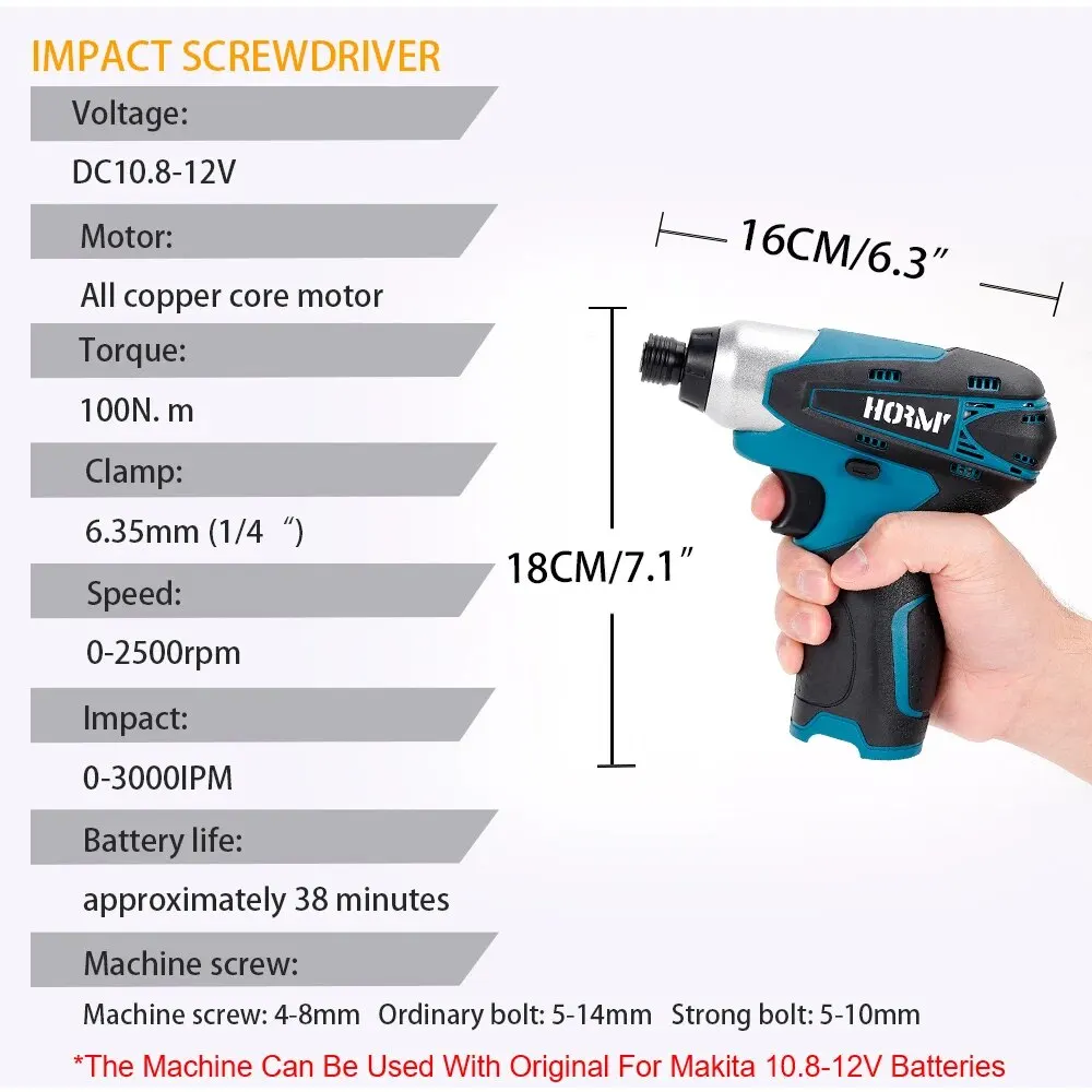 Hormy Compact 12V Electric Screwdriver 2500RPM 100N.m Cordless Impact Screw Driver Motor Compatible For Makita 10.8V Battery