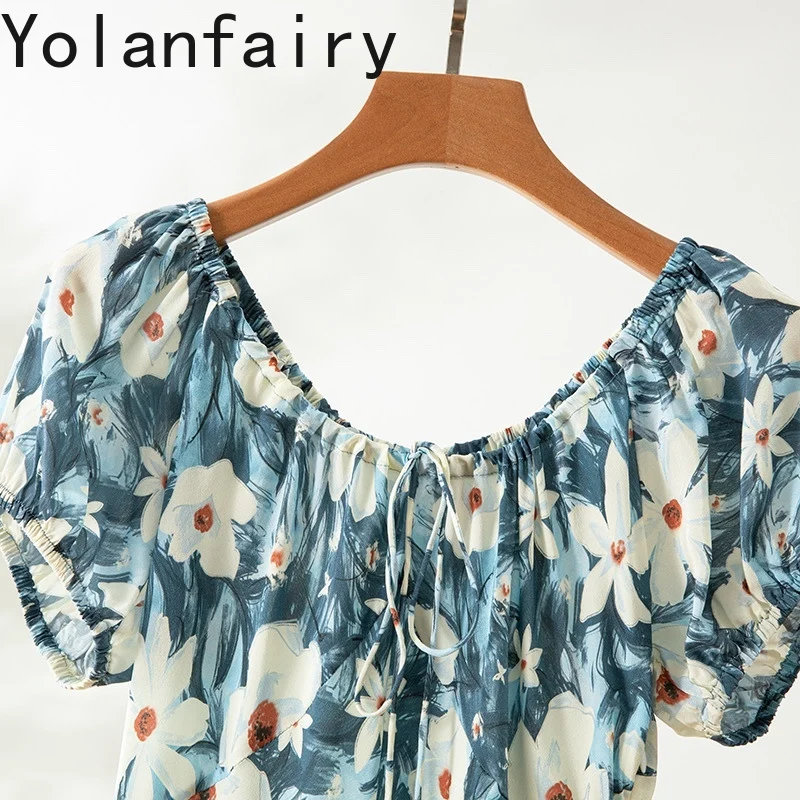 YOLANFAIRY Sukienka letnia ze 100% jedwabiu morwowego 2025 Elegancka damska sukienka wakacyjna z nadrukiem, podkreślająca talię, z krótkim rękawem