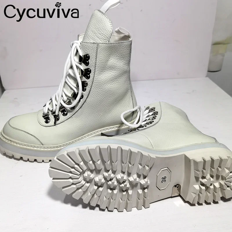 Genuine Leather Lace Up Chelsea Ankle Boots Wool Platform Winter Shoes Woman Designer Snow Boots Cowboy Motorcycle Boots Female