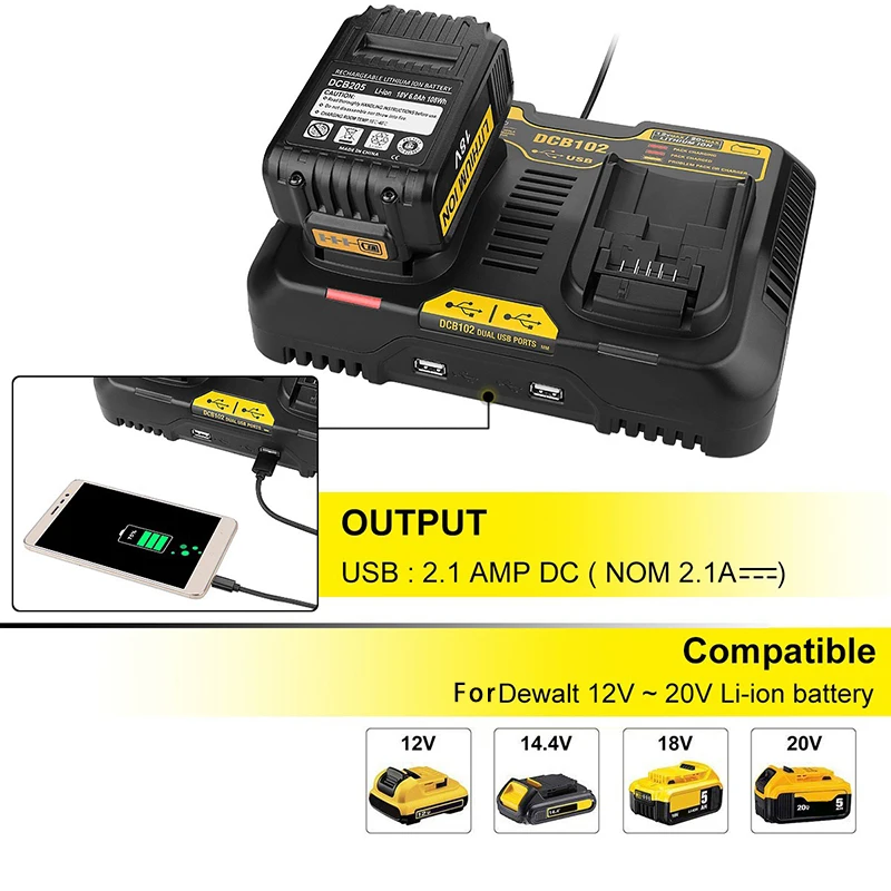 DCB102 Double Li-ion Battery Charger 2X3A USB 5V For DeWalt 10.8V 12V 14.4V 18V DCB127 DCB140 DCB105 DCB183 DCB200 DCB115 DCB118