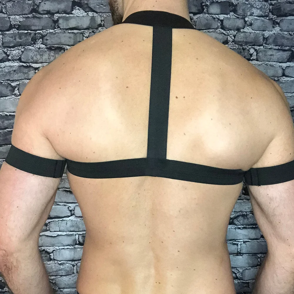 Men Gay Body Chest Harness Halter Neck Elastic Sexy Bondage Top Lingerie with Armband Shoulder Straps Sissy Gay Club Costume