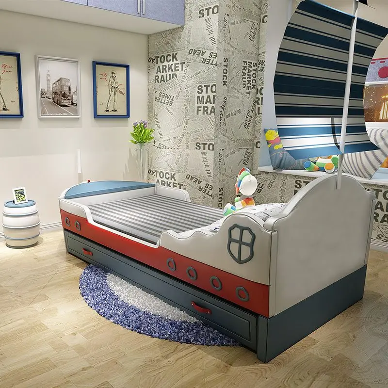 

Leather boys single teen bed, creative furniture cartoon pirate steamer bed