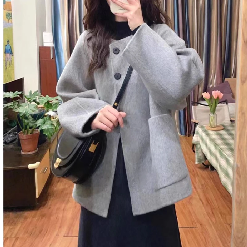 

Women's Woolen Coat Autumn Winter Loose Hepburn Sle Color Korean Version Straight Tube Long Sve round Collar Coat